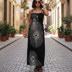 Shoreline Y2K One Size Black White Floral Smocked Empire Adjustable Strap Dress‎